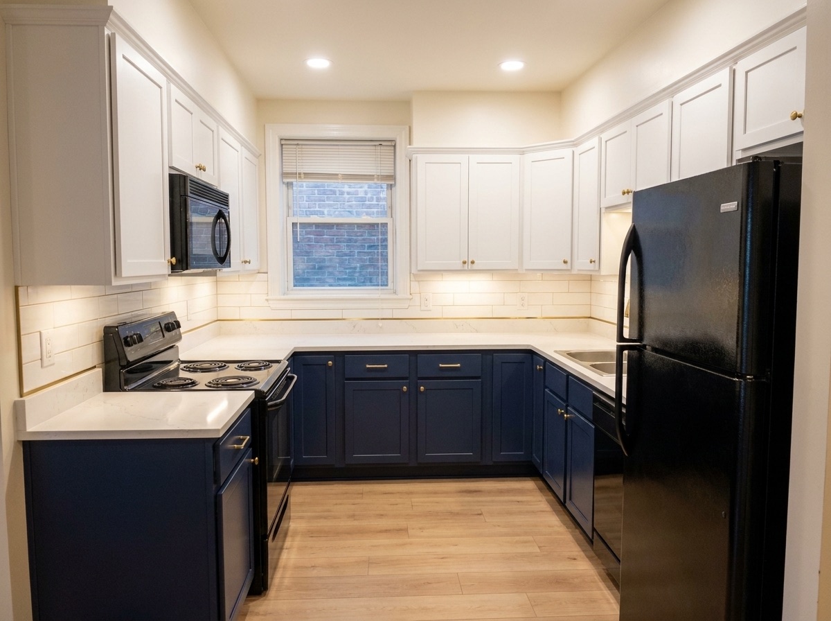 Bright two-tone white and navy kitchen after makeover