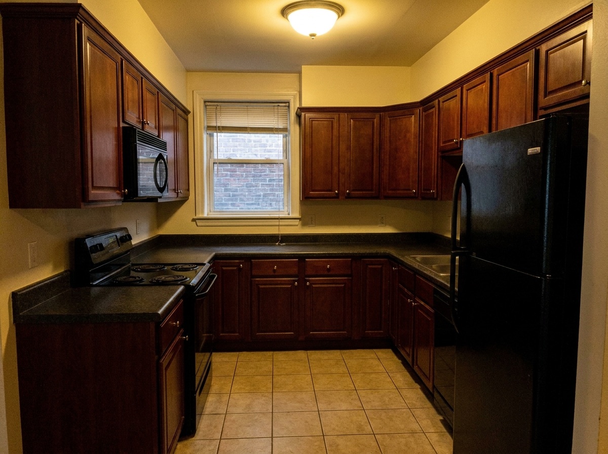 Dark cherry builder-grade kitchen before makeover